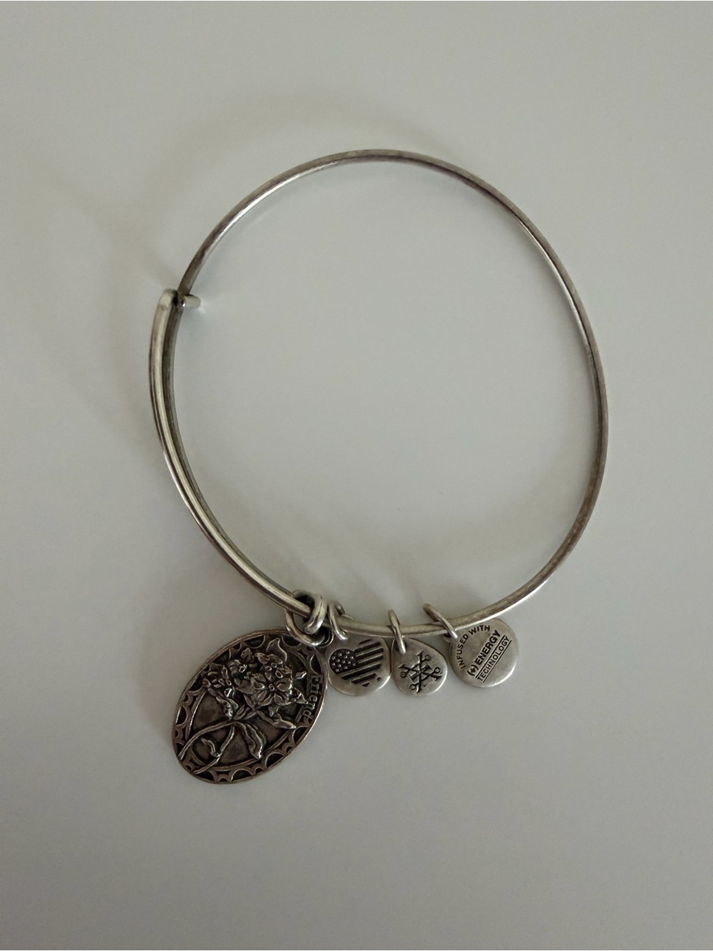 2 Alex and Ani Silver Charm Bangle Bracelets with Floral and Symbol Charms